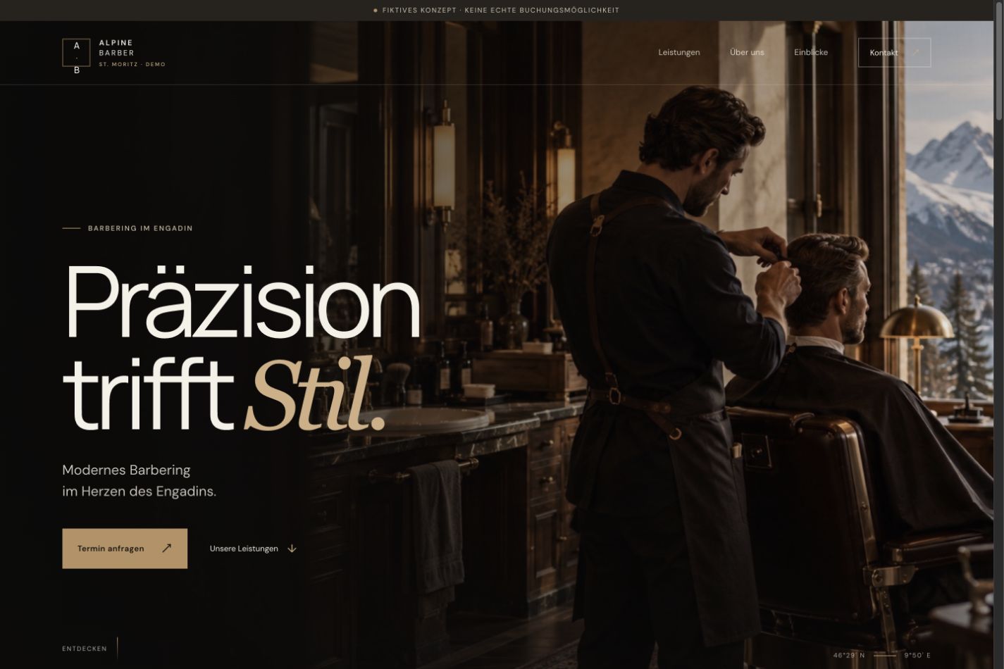 Alpine Barber Demo: Präzision trifft Stil – dunkle Website mit goldenen Akzenten und Barber-Motiv